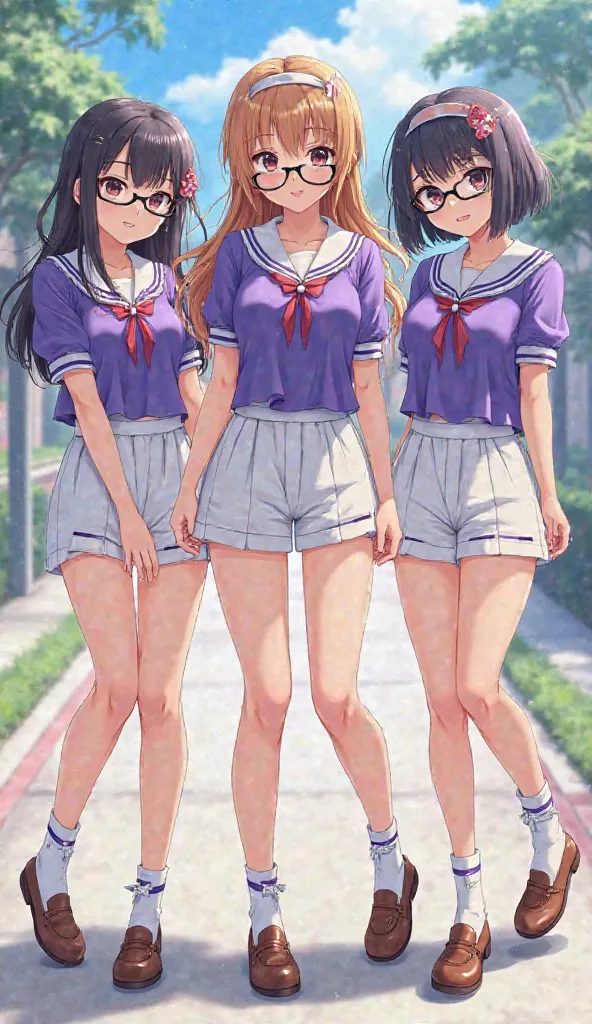 white hi-legged racing bloomer、3 girls, Japanese Girl、big breasts,  girls with glasses 　purple short sleeve sailor suit　white hi-legged racing bloomer　white tri-fold socks　loafers　 full body image　High Resolution, masterpiece, 