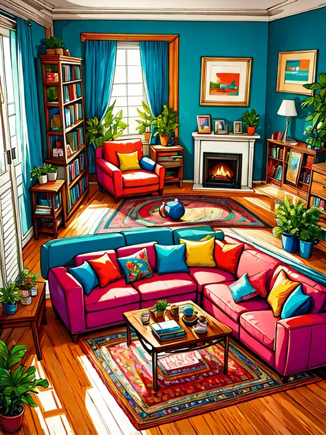 best quality, high resolution, (Hand-drawn, line art ), American comics：Artistic and stylized portrayal of Deadpool standing in the cozy living room,  cozy atmosphere, detailed texture, warm colors,  Soft and even light ,  Complicated pattern ,  decorative...