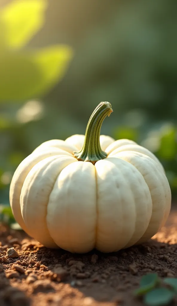 "Create a highly detailed and realistic image of a fresh white pumpkin (poosanikkai) placed on a natural surface. The pumpkin should have a smooth, slightly textured skin with subtle ridges and a sturdy green stem. The background should be soft and earthy,...