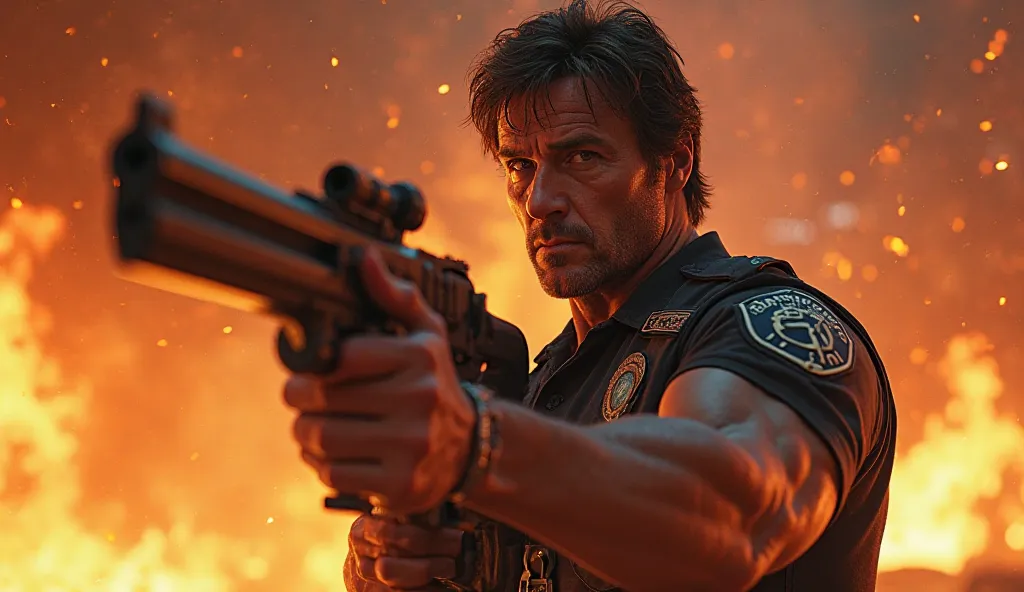 Sylvester Stallone in cobra movie holding machine gun and ready for action. Fire and ash everywhere. 