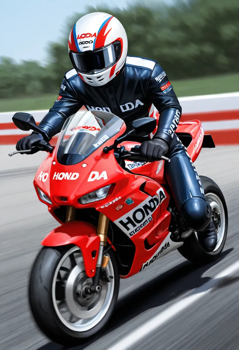 solo, 1boy, male focus, motor vehicle, motion blur, vehicle focus, biker clothes, motorcycle helmet, bikesuit, race vehicle, racecar, honda