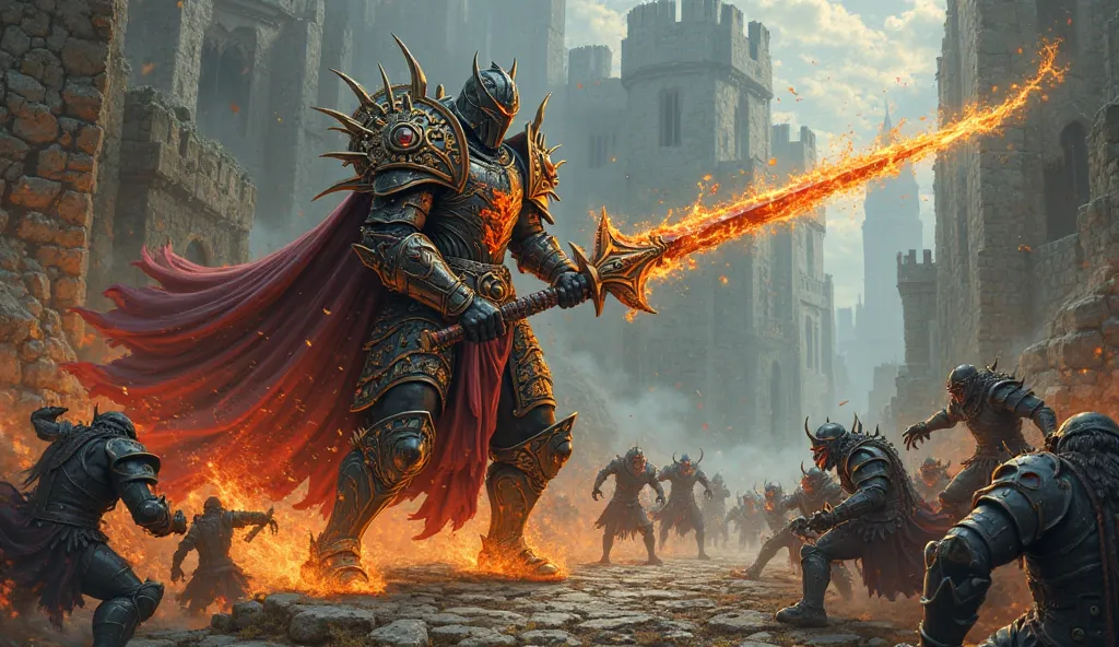 A black knight on fire fights orcs near an ancient castle, dark fantasy style,  art nouveau style