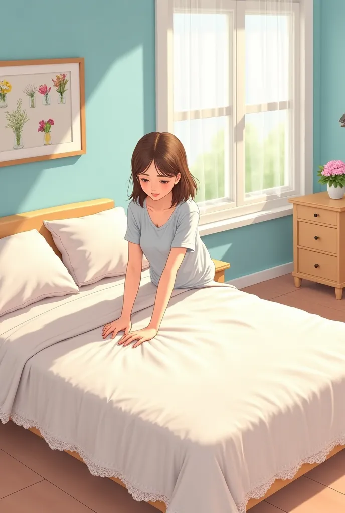 A girl that tidy up her bed.