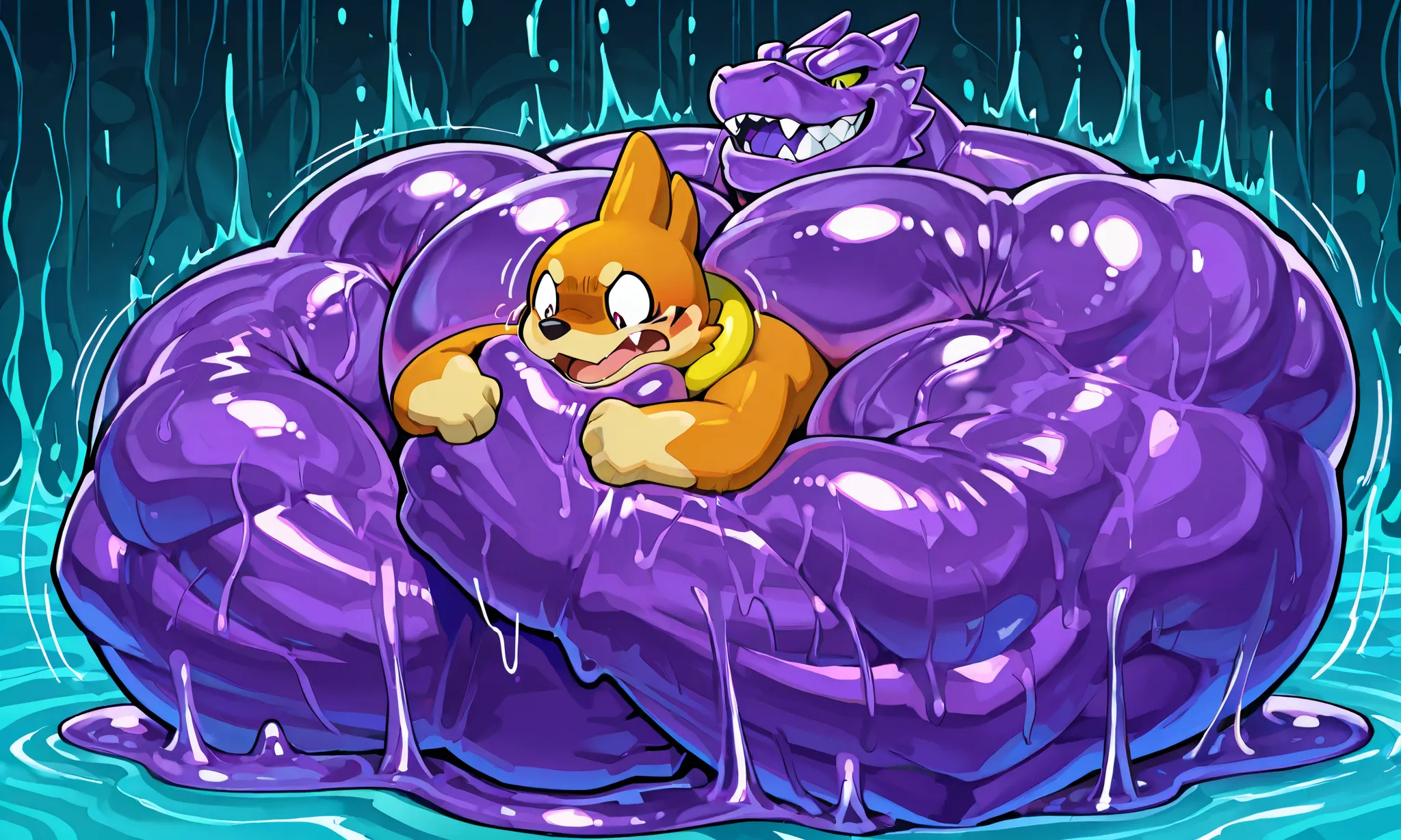 giant slime dragon monster, small feral buizel, wresling, submission hold, [slime dragon:lying on back, head lock, crossing arms, hugging, arms around neck, heavy weight bulky fat, giant plump muscular body, thick arms, big pectoral muscles, venis popping,...