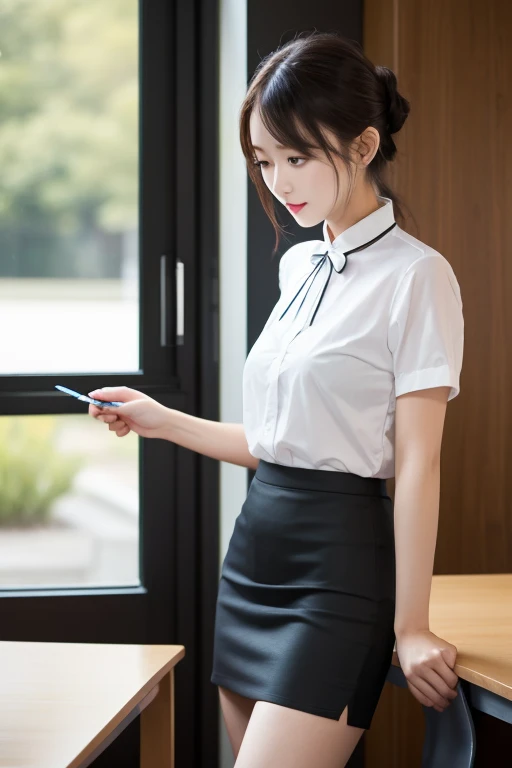  close, in the seat{{  beautiful woman wearing a white short-sleeved shirt and short black pencil skirt}} ,( Hair tied with ribbon),  standing,  sexy pose. Beautiful woman wearing 、 several lecture tables were set up behind it 。 sliding glass window 。.  ev...