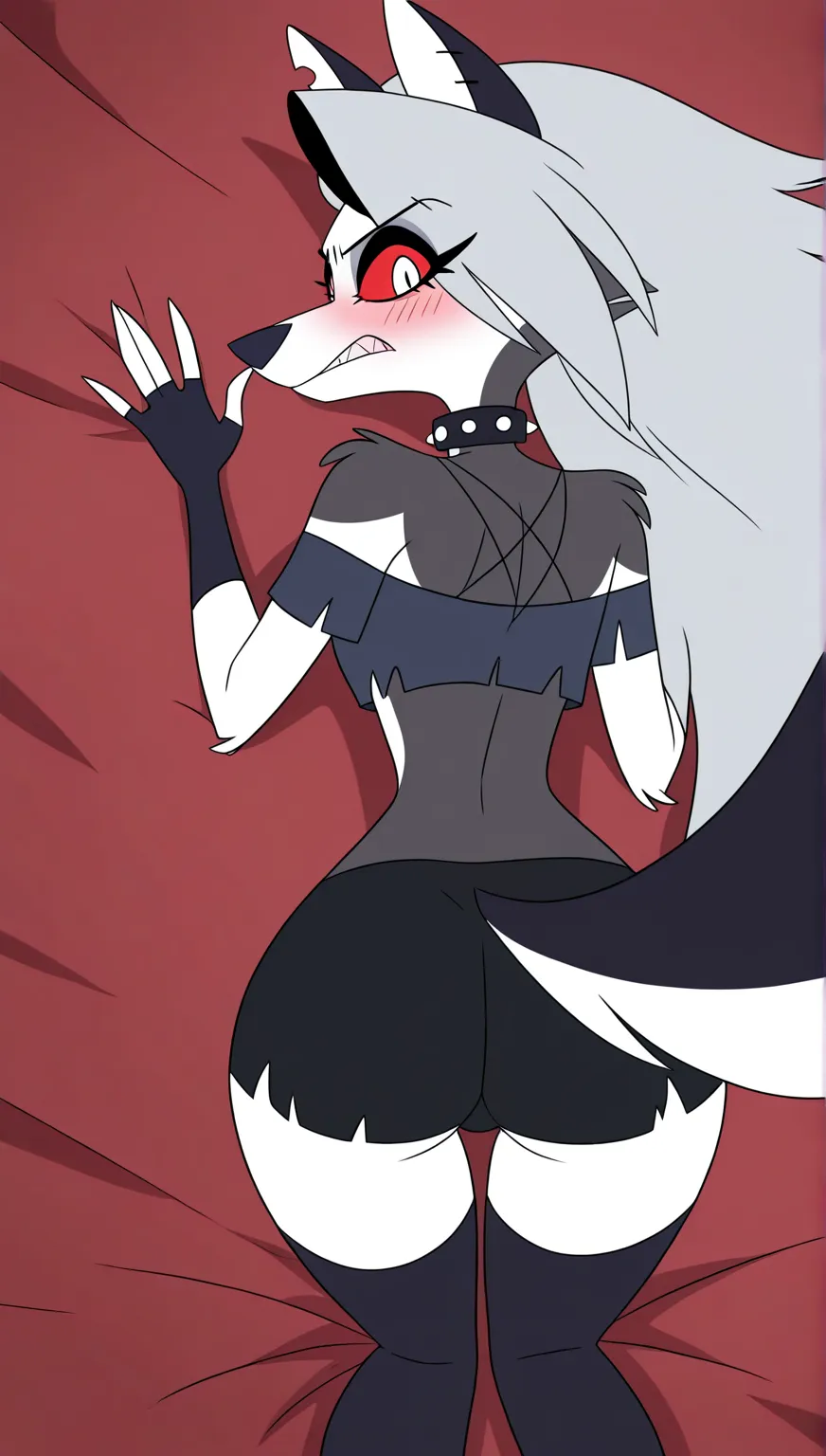 anime screenshot, absurd, high quality, official style, 1girl, solo, loona \(helluva boss\), loona, long hair, red eyes, animal ears, collarbone, tail, grey hair, wolf ears, claws, wolf tail, furry, colored sclera, furry woman, wolf girl, body fur, white f...