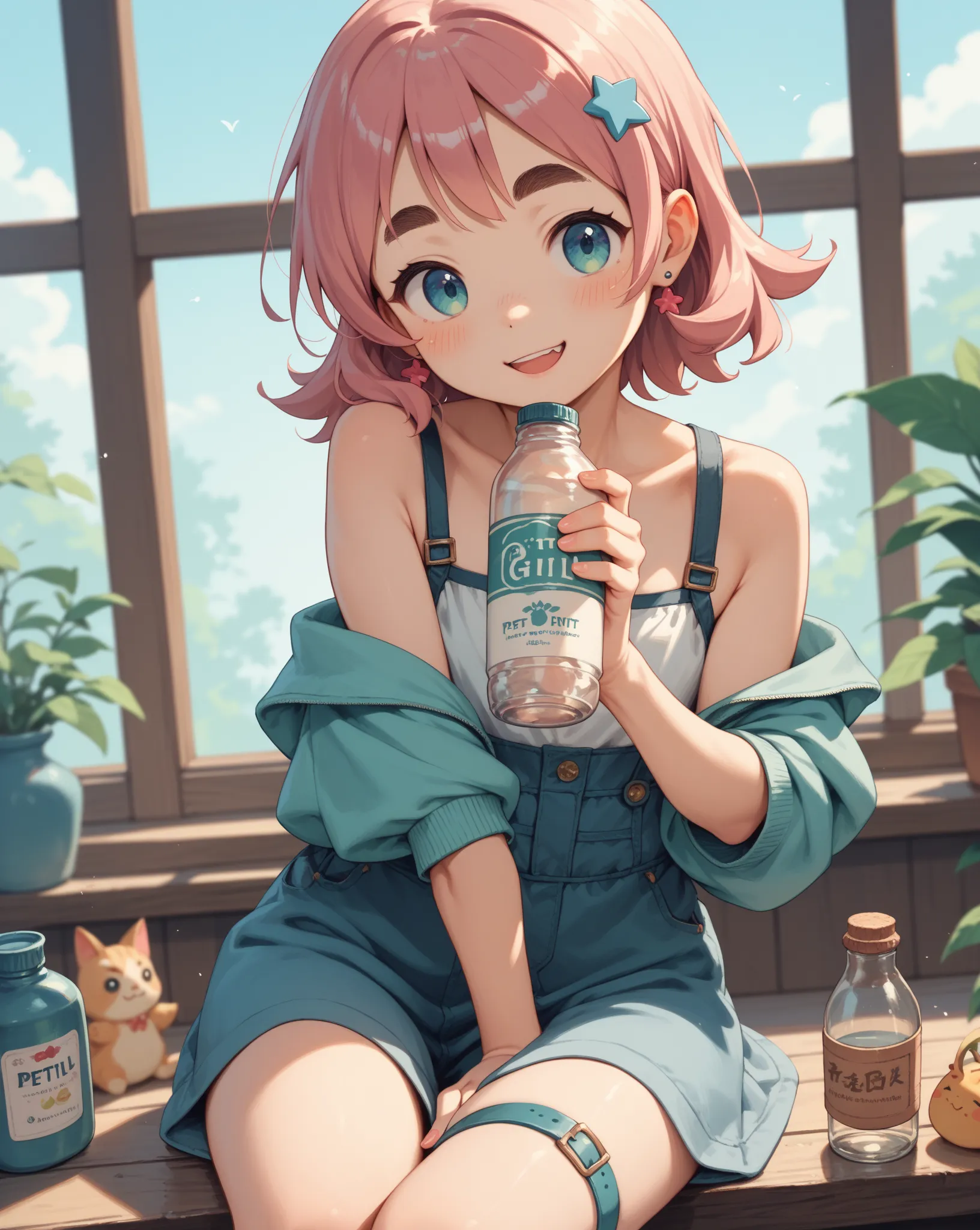 kawaii anime , petit girl , Thick eyebrows  , Hold the bottle between thighs , Shoulder , hip