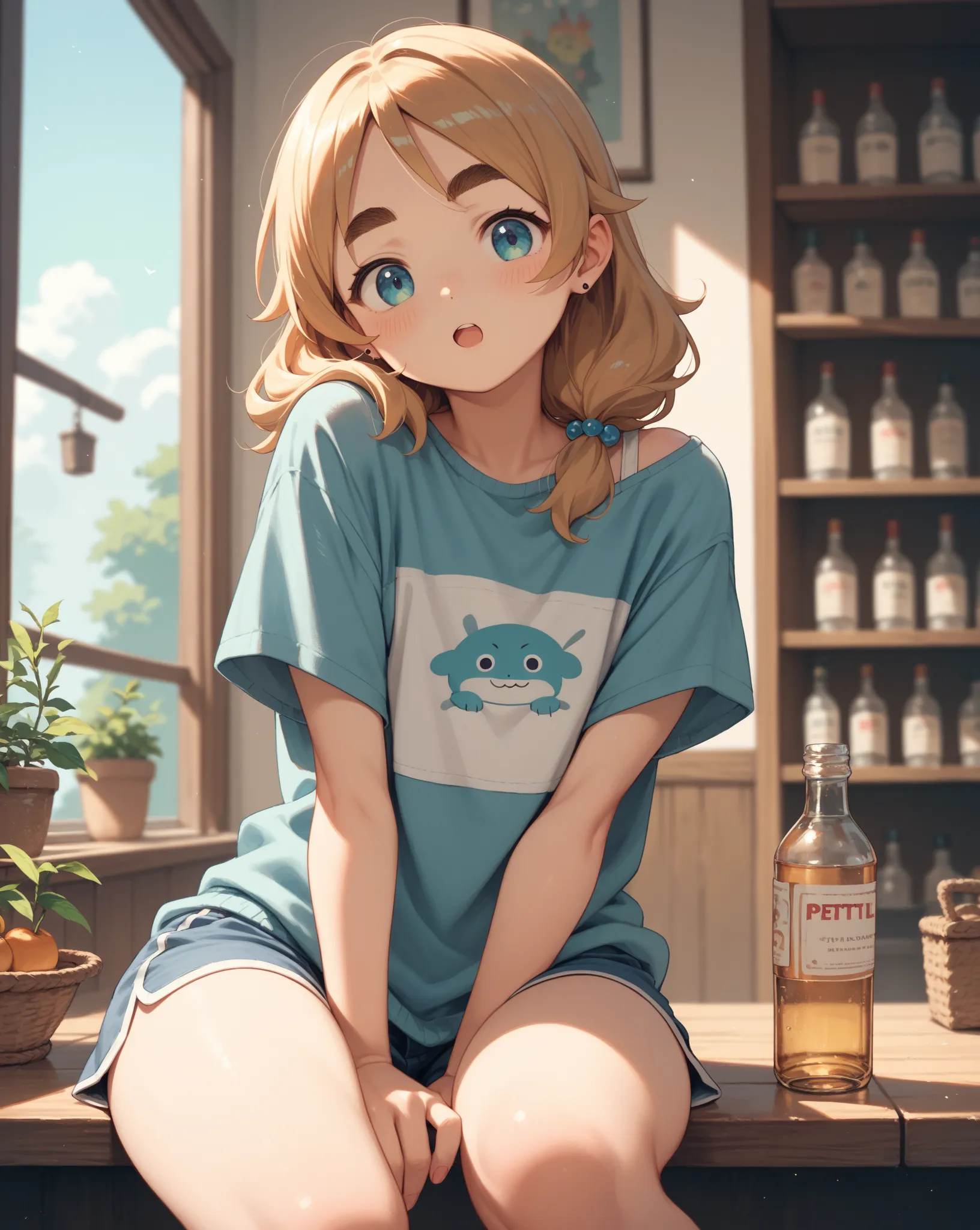 kawaii anime , petit girl , Thick eyebrows  , Hold the bottle between thighs , Shoulder , hip