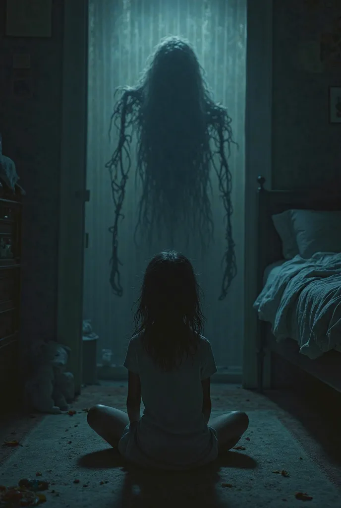 A girl sitting in her dimly lit room, unaware that behind her, a creature with a face obscured by hair is crawling from under her bed."animated image