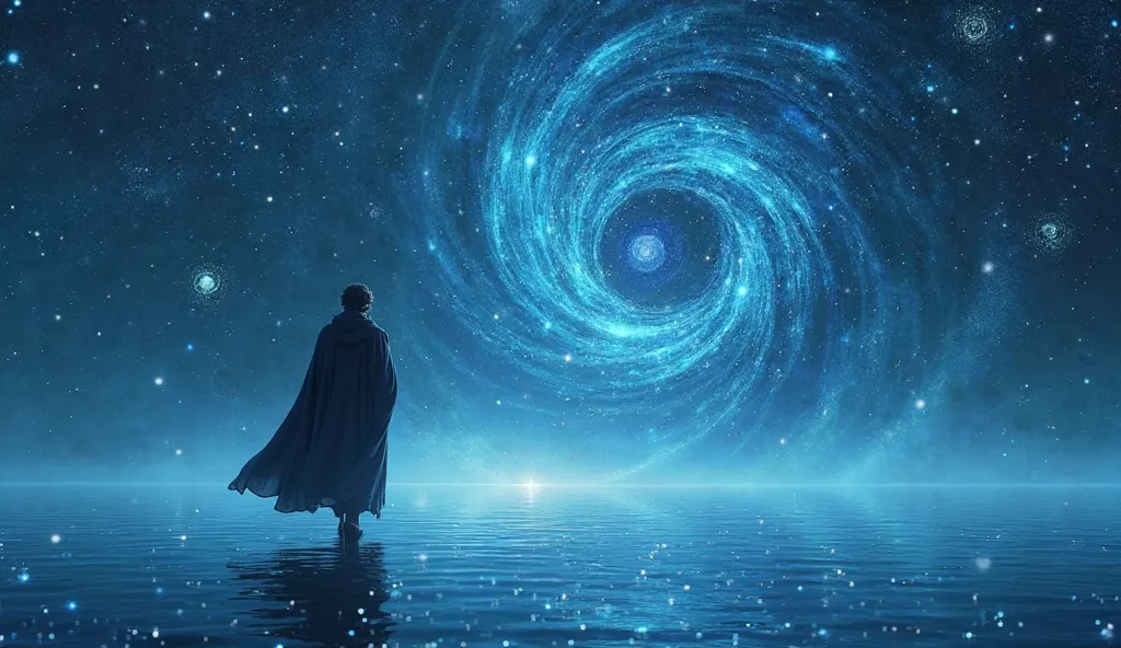 "A lone philosopher, cloaked in flowing robes, walks along a reflective celestial ocean under a sky of swirling blue galaxies. The air is filled with floating luminous symbols of wisdom, representing ancient Stoic teachings. His silhouette is illuminated b...