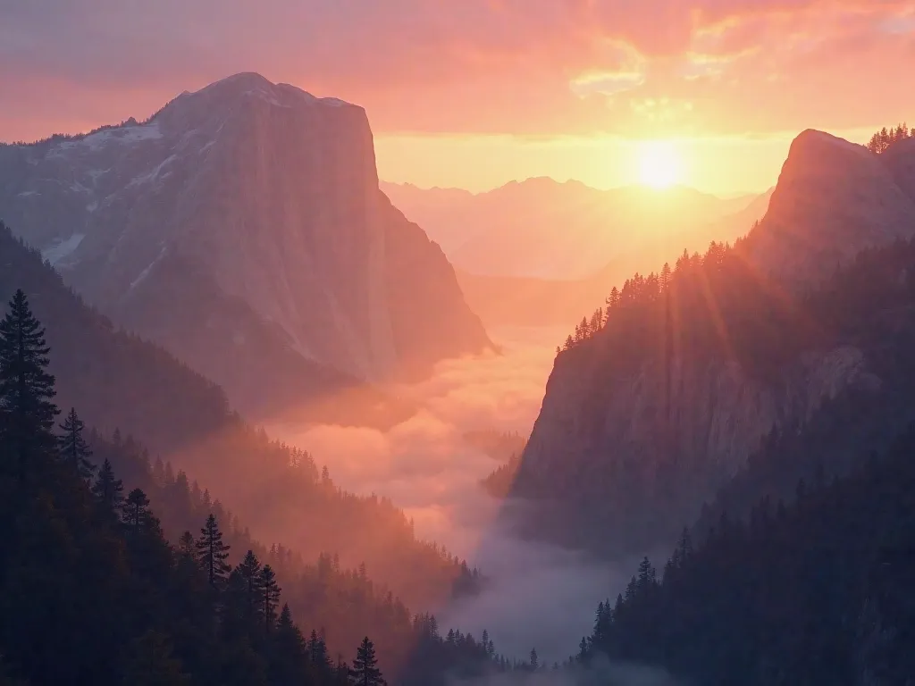 "The morning sun shines over the mighty mountains, a golden light shimmers through the morning mist. The peaks are tinged with soft warm light, while the sky changes color from deep purple to orange and bright pink. Thin lines of fog melt over the valley, ...