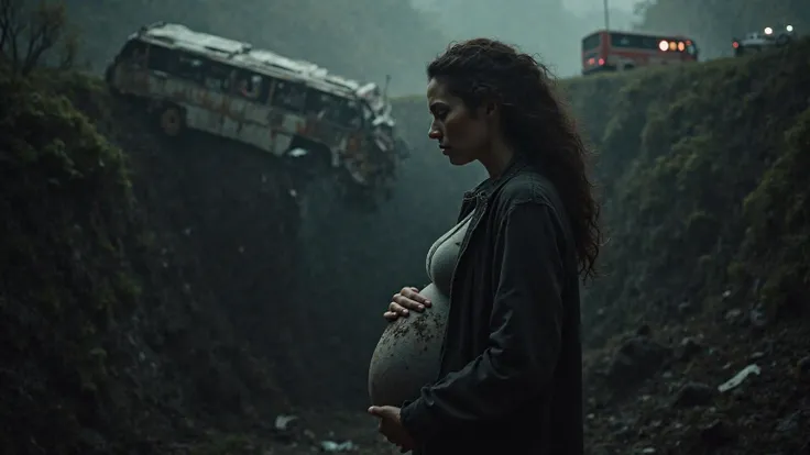 A striking background of an accident in which a bus has fallen over a cliff and in the foreground we have a pregnant woman reflecting on the accident in a tone of mystery like a movie scene.