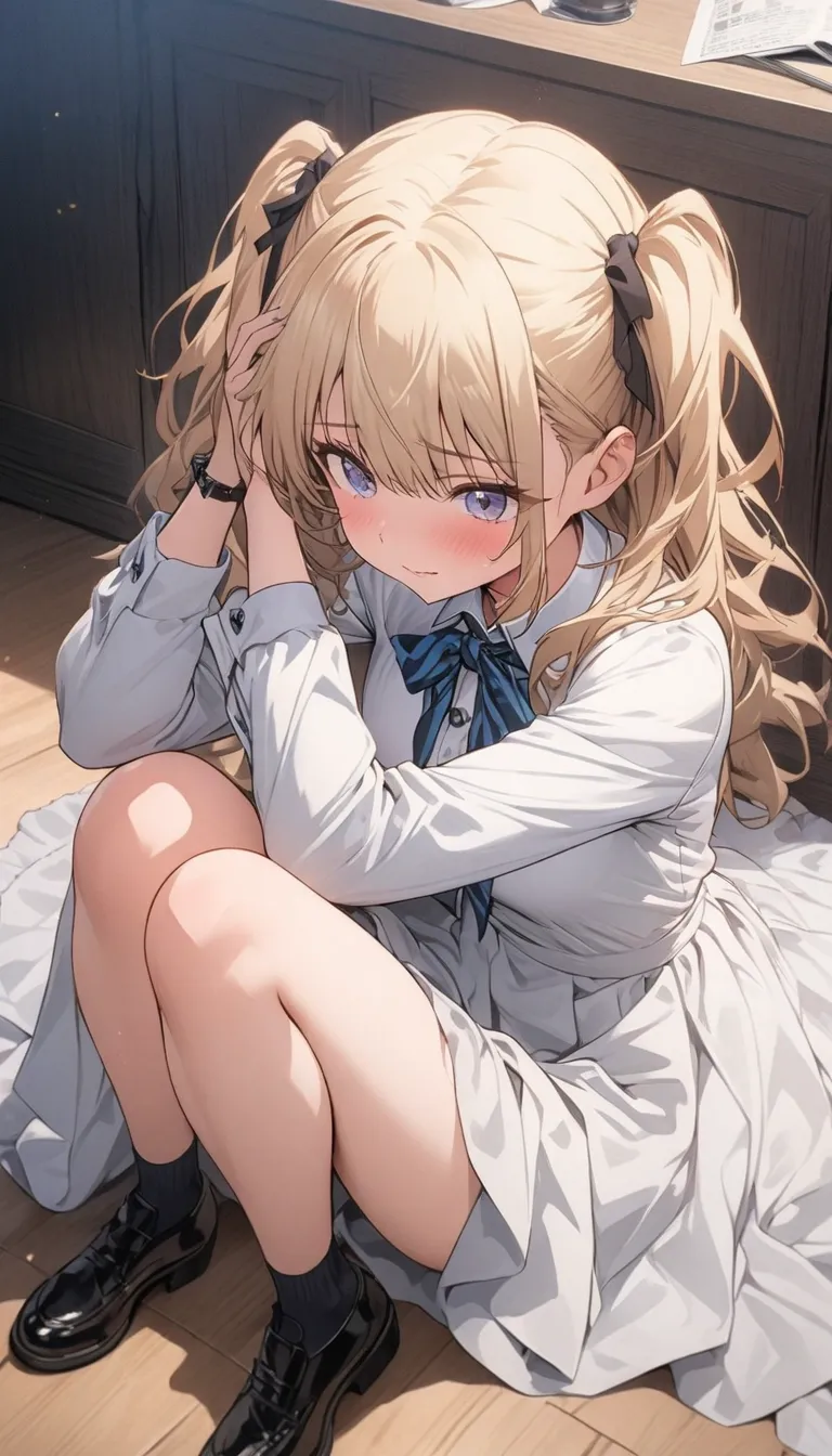 masterpiece, highest quality, High Precision、 Highly Detailed CG Unity 8K Wallpaper, fashion model who spreads her head and knee,Two Sides Up、high school girl、White Dress Clothes 、