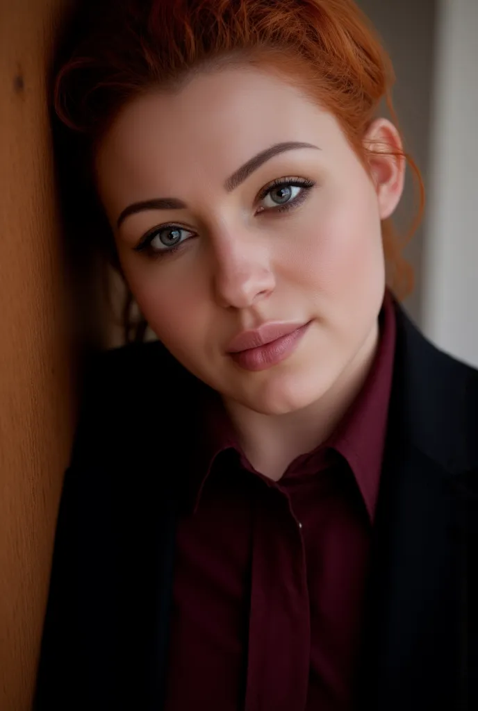 1 woman,Alone, blue eyes, red orange hair, side cut, undercut, micro boobs, dark red dress shirt and black suit, high detal, realistic anatomy, leaning against a dorr frame, Slight blush on cheeks, smirk, Looking at the viewer, film, Cinema,  Fotorealismus...