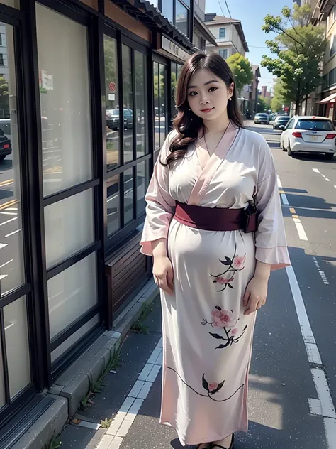 a woman in a kimono outfit standing in a street