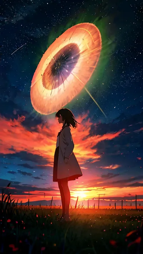 Girl standing on the prairie at night ,  Makoto Shinkai's art style,  comics wave art style, Comet in the sky, bright color