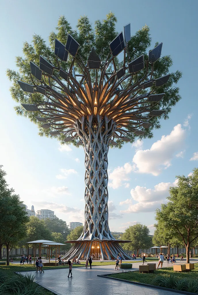 Make a tree out of solar panels, use steel pentagon shapes and futuristic style. Without crooked branches. Make playground around it. Make it Size of real tree