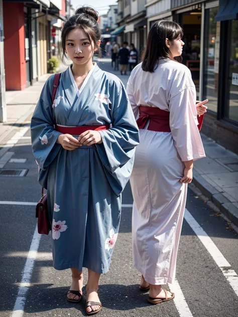 a woman in a kimono outfit standing in a street