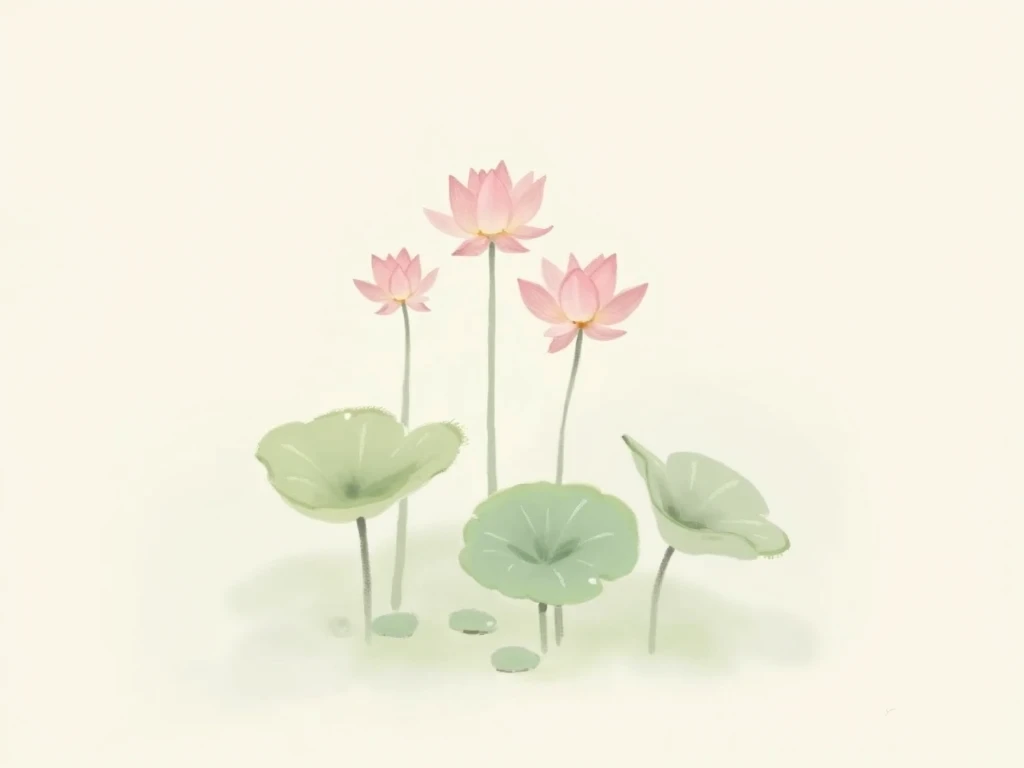 A delicate digital painting of three blooming lotus flowers with soft pink petals and slender stems, standing elegantly above green lotus leaves. The background is a light beige, giving a minimalistic and serene aesthetic. The leaves have a subtle watercol...