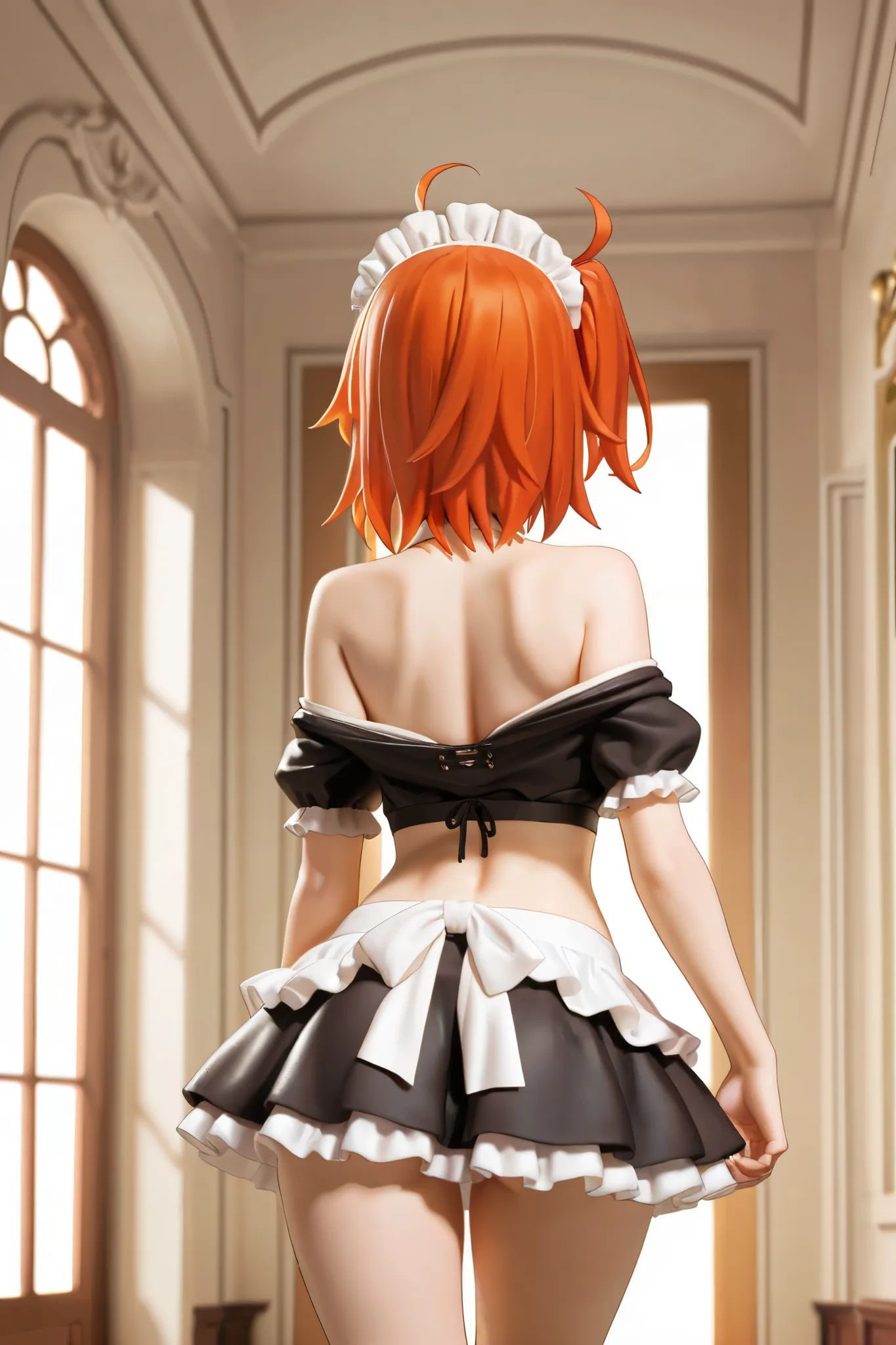 NSFW,masterpiece,highest quality,High Resolution,very detailed,Ritsuka Fujimaru\(Fate/Grand Order),orange hair,maid clothes,crop top,Off Shoulder,Independent Sleeves ,miniskirt, luxury mansion