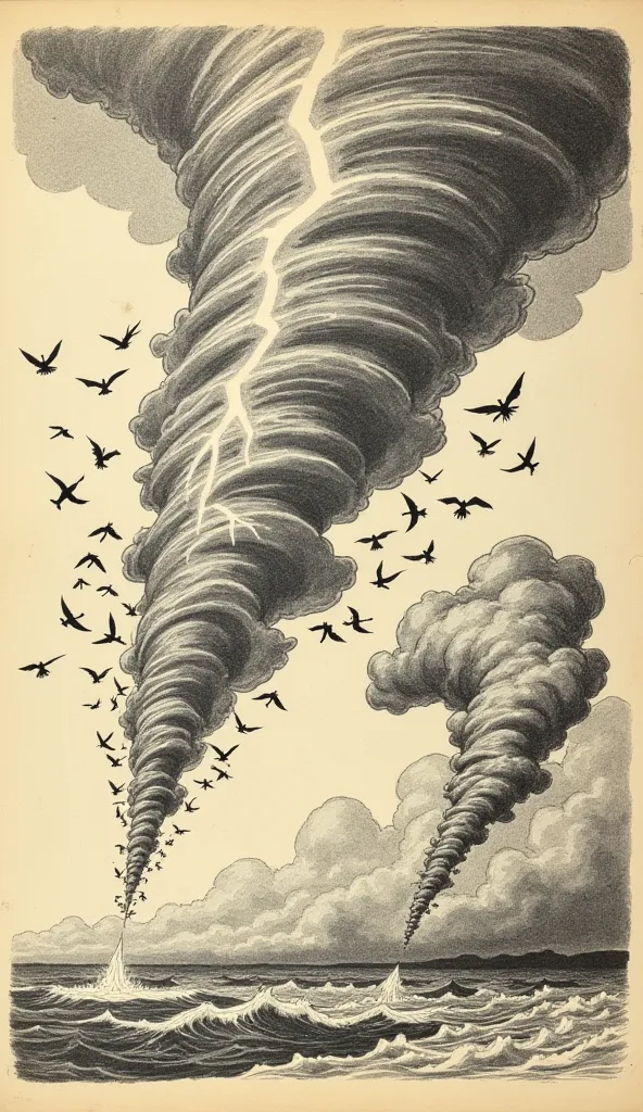 "An illustration-style image showing possible causes of the bird storm: a lightning bolt striking a flock of birds, a tornado funnel pulling birds into the sky, and stormy clouds with birds caught in turbulent winds. The image feels like a vintage newspape...