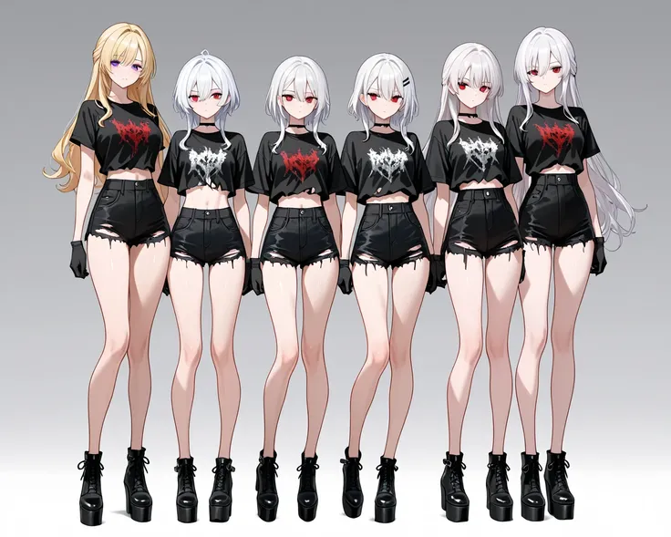 4girls, full body front, slim body, vert long legs, bare legs, standing, white hair, red eyes, ripped shirts, ripped shorts, black gloves, black platform shoes