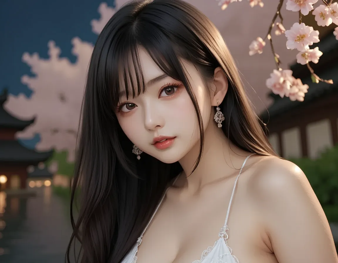  the art depicts an attractive woman ，flowing clothes、 traditional oriental dress like silk ， Beautiful woman。 Her dress gracefully covered her curves ， emphasizes her seductive silhouette 。  she stood gracefully on a quiet moonlit night ， illuminated by s...