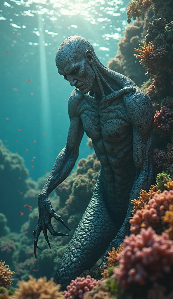 Aerial view shows terrifying hybrid mermaid figure, with gray-colored skin and long claws, hiding among the coral reefs. the light of the sun shines on it. 