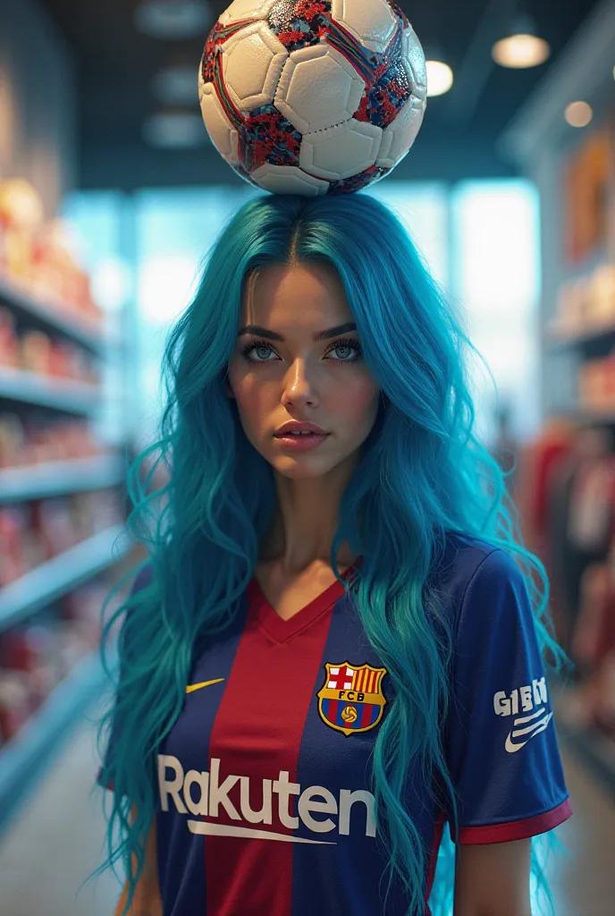 Images de superbe femme blanche avec des long cheveux bleu avec un t-shirt du fc Barcelone et avec un ballon de foot sur sa tête dans un magasin de foot