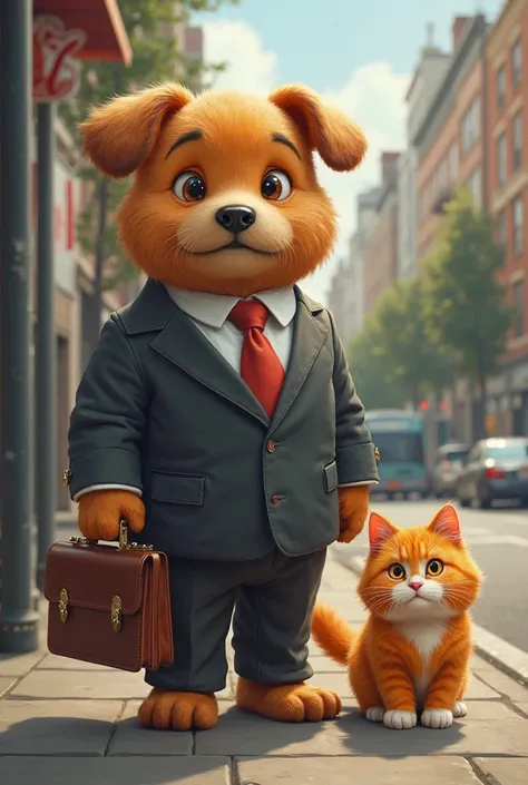 "A dog dressed in a suit, holding a briefcase and waiting for a bus, with a fat orange cat with white paws by its side. The scene is captured in a highly realistic, beautiful digital artwork, with the chonker cat looking like a ginger Garfield, embodying a...