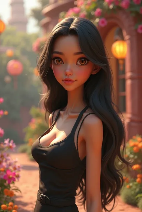 Disney Pixar 3D, Long Smooth Dark Haired Young Woman , Clear Colored Lenses, My skin is light brown  , Wearing a Black Apron and Thin White Shoes 