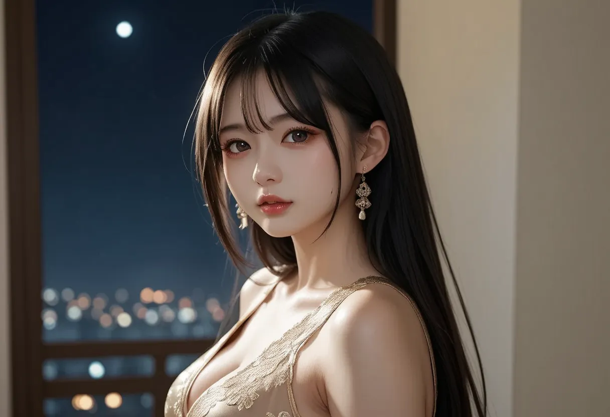  the art depicts an attractive woman ，flowing clothes、 traditional oriental dress like silk ， Beautiful woman。 Her dress gracefully covered her curves ， emphasizes her seductive silhouette 。  she stood gracefully on a quiet moonlit night ， illuminated by s...