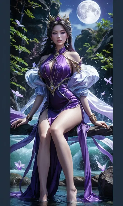 a beautiful sexy woman in a purple dress sitting on a rock in the water, extremely detailed artgerm, style of artgerm, a beautiful fantasy empress, a beautiful sorceress, by Yang J, ((a beautiful fantasy empress)), wlop and artgerm, ig model | artgerm, rua...