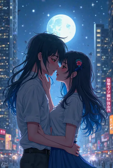 A girl and a boy couple kissing.
She has black hair with blue details, and fluffy black hair, dark eyes.+ city background at night. are kissing *