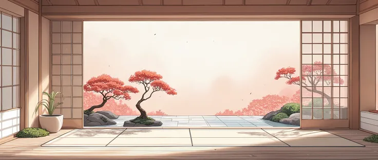 illustration in soft colors predominating , minimalism of a Japanese style living room with window to see the minimalist Japanese garden with bonsai trees, the stage evokes energy and elegance