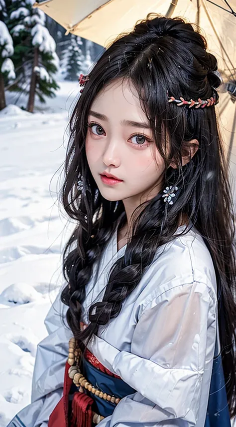 Ashipa-san、ainu girl、kawaii girl、A detailed face、Detailed eyes、Detailed skin、Detailed hair、Ultra-realistic image quality、An ultra-high picture quality、8k、Hokkaido、snowscape、