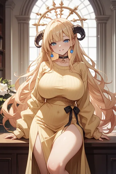  blond and blue eyed、black choker、long hair、long dress、headless、Monster girl、Dullahan girl、yellow sweater、black Long dress with white line、Big Breasts、Height: 170cm　three sizes are B88 - W58 - H86、Thighs are 54cm F cup boobs