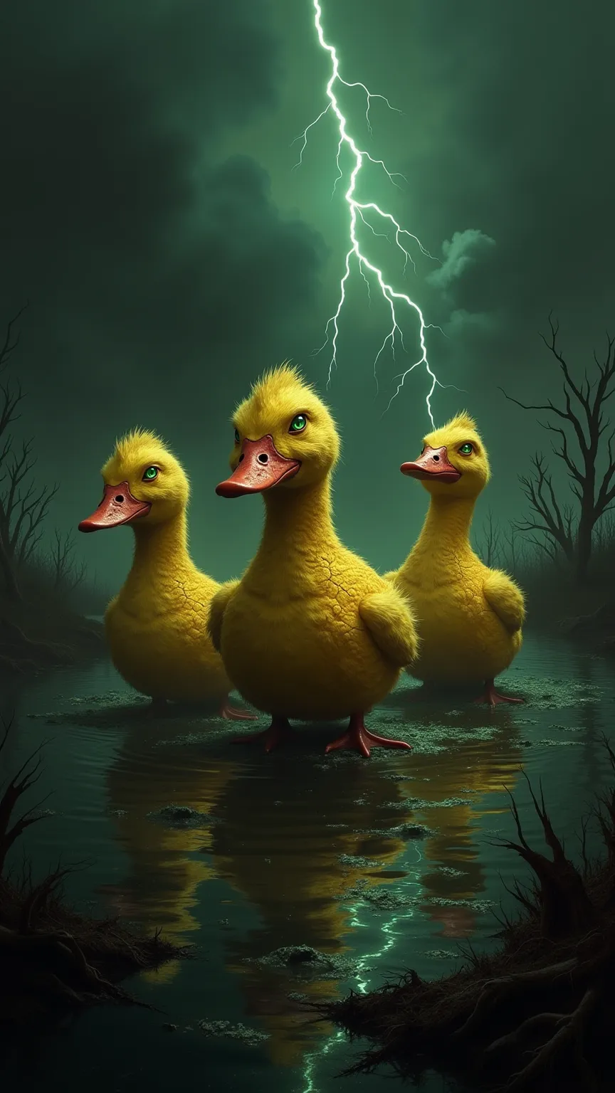 

“Three gigantic demonic ducks, their once fluffy yellow feathers now burnt and charred, revealing cracked, reptilian skin beneath, wade through a toxic black swamp. Their beady eyes glow with an unnatural green light, and their webbed feet leave behind t...