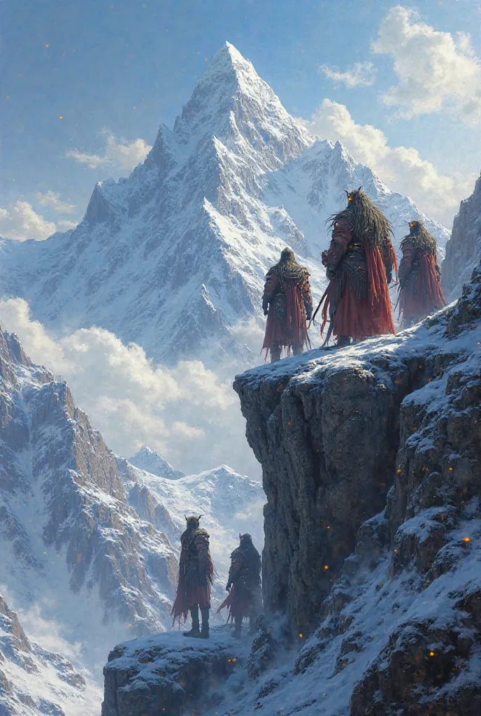 A breathtaking fantasy-style painting of the Himalayan mountains, where a group of mysterious, tall, and powerful warrior-like people in ancient armor are seen standing on a snowy cliff. Their sharp features, long hair, and glowing eyes hint at their super...