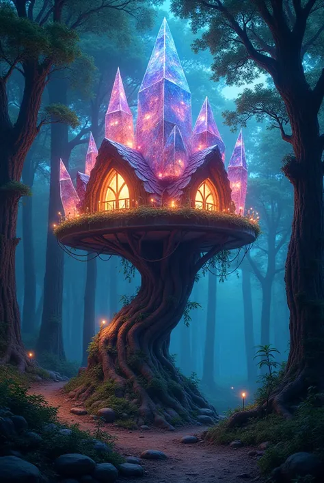 9. "A treehouse made of crystals, glowing in different colors at night in an enchanted forest."