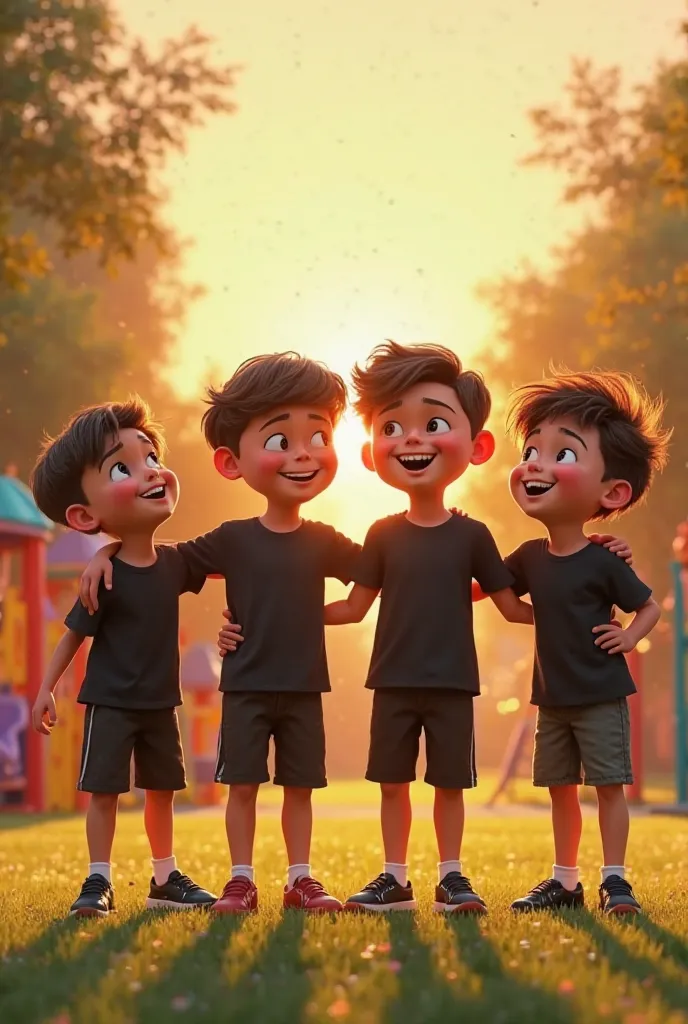 The four young boys, dressed in black"shorts and black T-shirts, are back toplaying together in the park, laughing andenjoying themselves. Their joyfulexpressions and playful energy symbolizetheir unbreakable bond. The backgroundfeatures a colorful playgro...