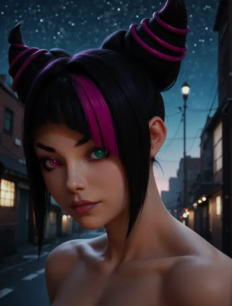 ((juri han)), ((masterpiece)), ((high resolution)), ((solo portrait)), {(attractive figure), (toned body), (beautiful legs), (black hair), (pink streaked bangs), (heterochromia), (pink and turquoise eyes)}, {(white duduo top)}, ((city alleyway)), ((nightti...