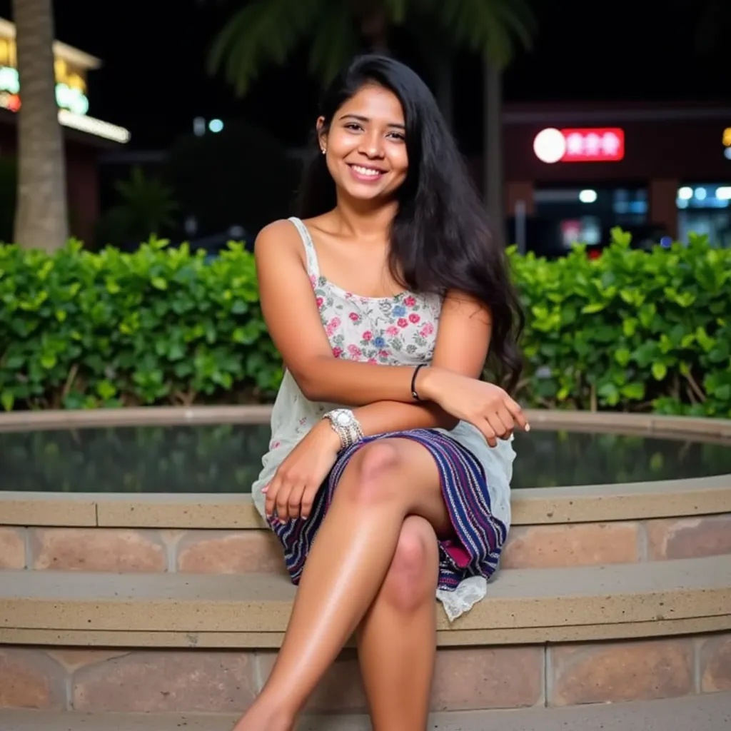 A young Indian woman wearing a short, patterned see-through dress sits on a stone bench at night.

The image shows a young woman with long dark hair, fair skin, small breast, and a pleasant expression. She is wearing a short, see-through dress with various...