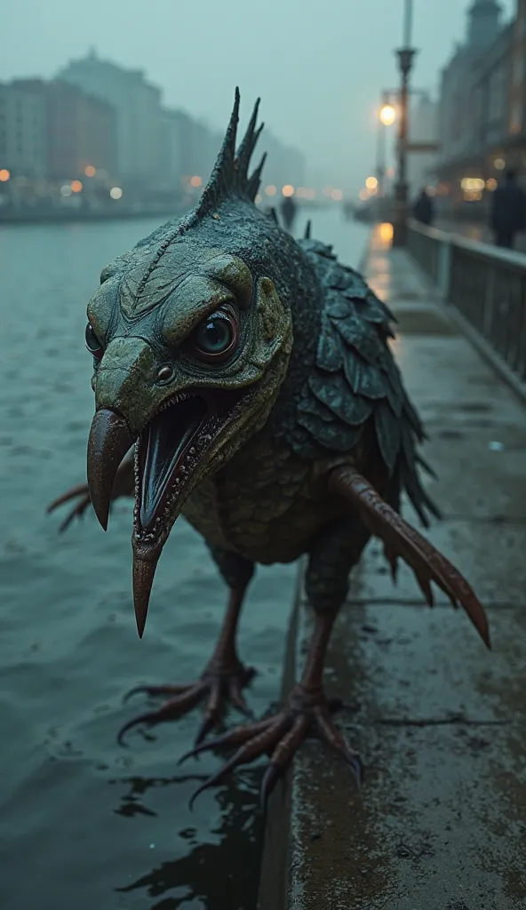 Camera from above captures creepy hybrid creature, with the body of half fish and half bird, has wet feathers and a sharp beak, looks disgusting on the waterfront.