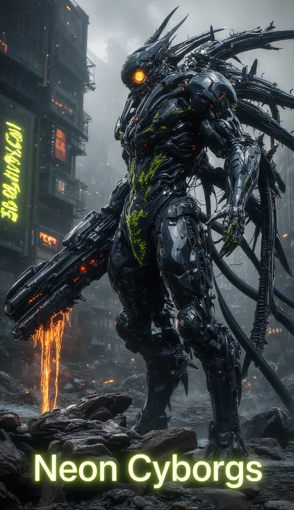 A towering biomechanical cybernetic warrior stands in a post-apocalyptic wasteland, its body fused with organic muscle, glowing neon circuitry, and jagged metallic exoskeleton plates. One arm transforms into a plasma cannon dripping molten lava, while the ...