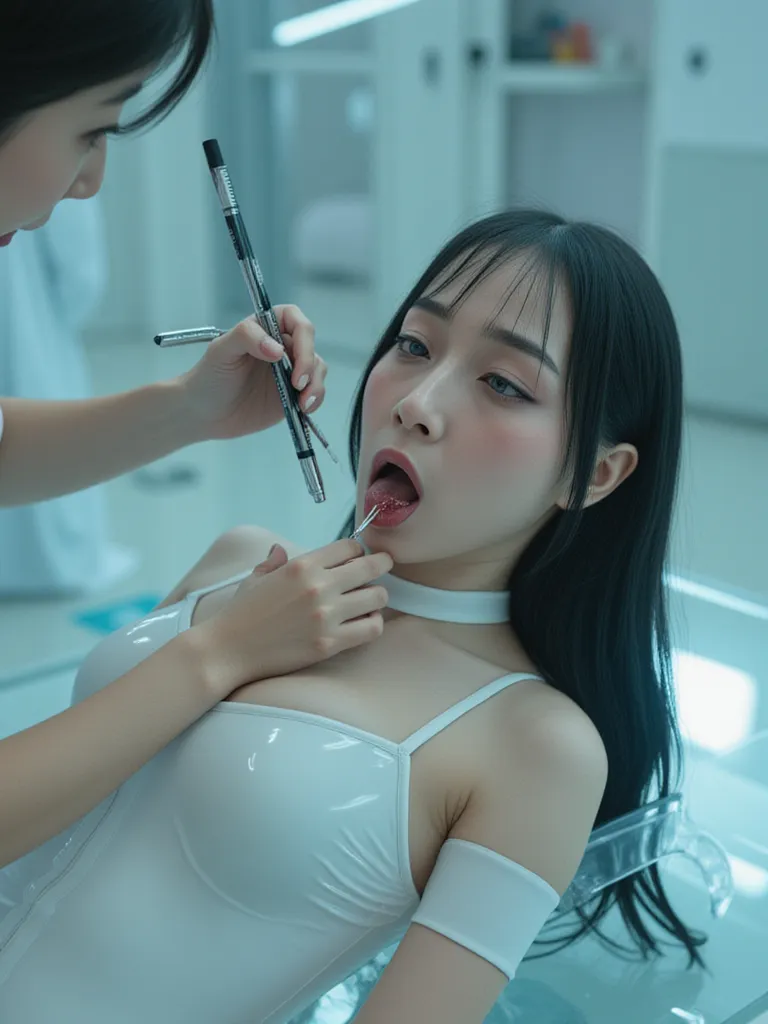 Movie，  highest quality，[ 16K Ultra HD ，[典雅，   In Lab    ,  A beautiful young Korean girl wears a white translucent reflective latex dress,  and inserting a tube into the girl's mouth ，   Alien Green Blood and Bleeding Eyes ，    unable to open eyes     ，  ...