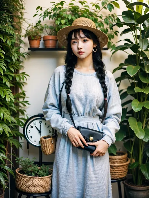 a woman in a dress and hat holding a purse, long hair, blush, bangs, blue eyes, skirt, black hair, long sleeves, braid, flower, earrings, bag, twin braids, sunlight, plant, clock, basket, potted plant, traditional clothes