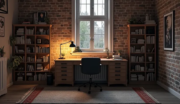 The room has only one desk, one lamp and one chair and bookshelf, warm lighting simple Nordic study room, Escape Room, warm lighting interior, bright atmosphere, 

office interior, warm lighting interior, Hard lighting !, dramatic lighting, Artistic Render...