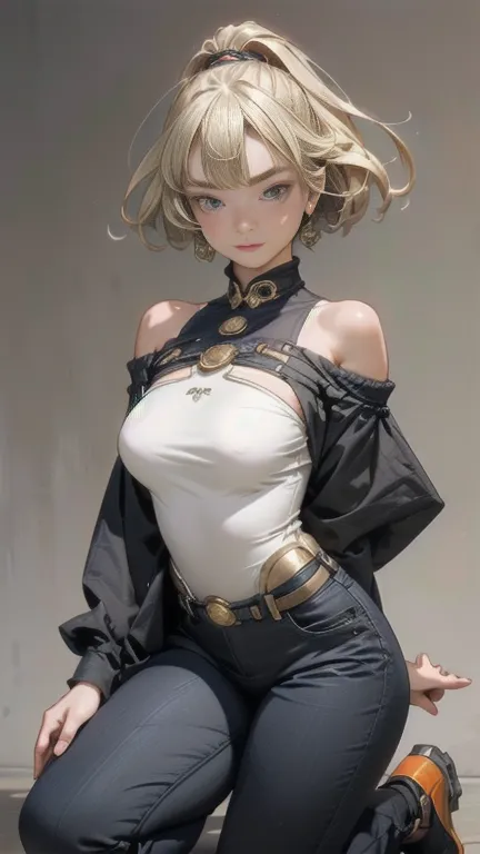 One person、(((blond with a big face))), (((highest quality: 1.4))), ((( Gold))), (((Dune Walker))), (((post-apocalypse))), (An exceptional masterpiece), (Hyper HD),(CG 8k Hyper Real), ((( big bust ))), (((Hyper feminine))), sensual girl, (Bob hair with str...