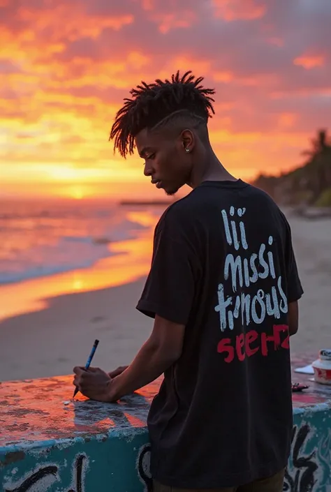 A young man, chocolate skin colored, wearing a black shirt, name,bob,printed on the back, grafting, lil'missinfxmous,on the white sendy beach,sunset reflects on the graffiti 